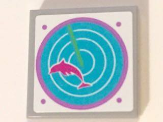 Tile 2 x 2 with Dark Pink Dolphin on Medium Azure Radar Pattern (Sticker) - Set 41015
