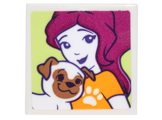 Tile 2 x 2 with Portrait of Female with Paw Print T-shirt and Brown and White Pug Pattern (Sticker) - Set 41305