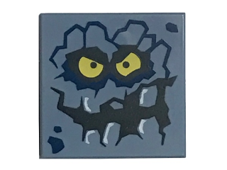 Tile 2 x 2 with Rock Creature Face with Jagged Grin, Dark Blue Spots and Yellow Eyes Pattern (Brickster)
