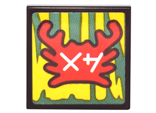 Tile 2 x 2 with Red Crab and White Ninjago Logogram 'AB' on Yellow and Green Background Pattern (Sticker) - Set 70620