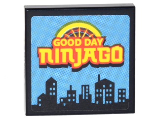 Tile 2 x 2 with TV Screen with Yellow 'GOOD DAY NINJAGO', Semicircle, and Black City Skyline on Medium Blue Background Pattern (Sticker) - Set 70620