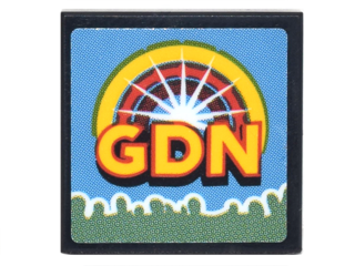 Tile 2 x 2 with TV Screen with Yellow 'GDN', Semicircle, and Sand Green Crowd Silhouette on Medium Blue Background Pattern (Sticker) - Set 70620