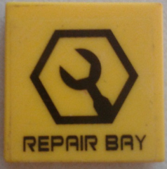 Tile 2 x 2 with Black Wrench in Hexagon and 'REPAIR BAY' Pattern (Sticker) - Set 7709