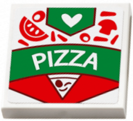 Tile 2 x 2 with 'PIZZA' Box, Toppings, White Heart and Pizza Slice Pattern (Sticker) - Set 41311