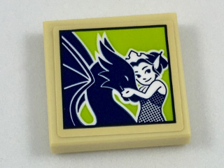 Tile 2 x 2 with Framed Picture of Dark Blue Dragon and Rosalyn Nightshade on Lime Background Pattern (Sticker) - Set 41187