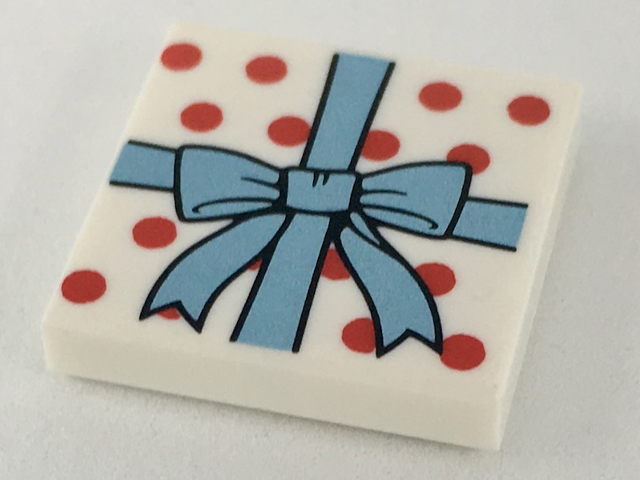 Tile 2 x 2 with Metallic Light Blue Ribbon with Bow, Red Polka Dots Pattern