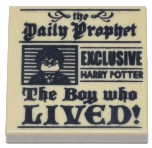 Tile 2 x 2 with Newspaper, 'the Daily Prophet', 'EXCLUSIVE HARRY POTTER', 'The Boy who LIVED!', and Image of Boy with Glasses Pattern
