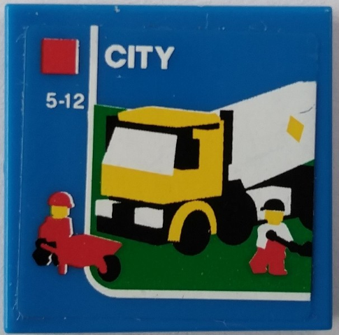 Tile 2 x 2 with Truck, Minifigures, Wheelbarrow, Red Square, White 'CITY', and '5-12' Pattern (Sticker) - Set 60022
