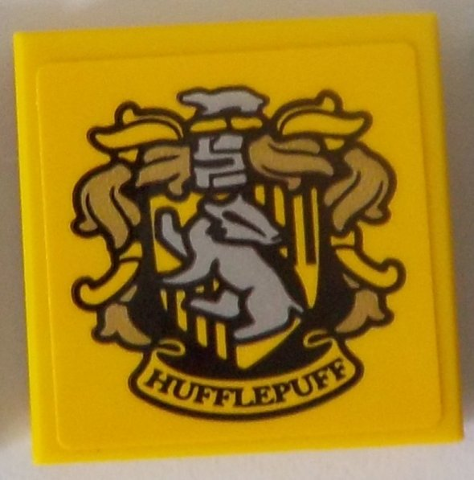 Tile 2 x 2 with HP 'HUFFLEPUFF' House Crest with Gold Plumes on Yellow Background Pattern (Sticker) - Set 71043
