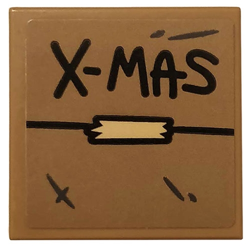 Tile 2 x 2 with Black 'X-MAS' and Tan Tape on Dark Tan Background Pattern (Sticker) - Set 75810