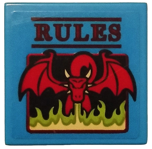 Tile 2 x 2 with Red 'RULES' and Dragon Blowing Lime Flames on Dark Azure Background Pattern (Sticker) - Set 75810