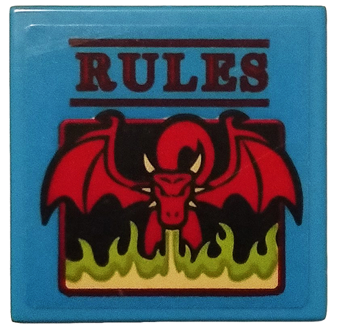 Tile 2 x 2 with Red 'RULES' and Dragon Blowing Lime Flames on Dark Azure Background Pattern (Sticker) - Set 75810