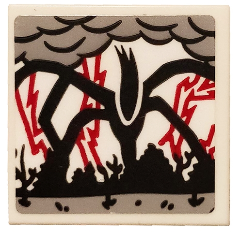 Tile 2 x 2 with Black Mind Flayer Monster, Light Bluish Gray Clouds and Red Lightning Bolts Pattern (Sticker) - Set 75810