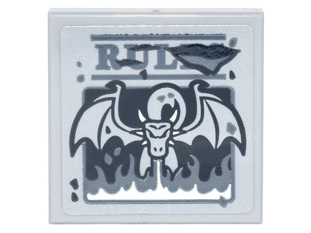 Tile 2 x 2 with Dark Bluish Gray 'RUL' and Dragon Blowing Flames Pattern (Sticker) - Set 75810