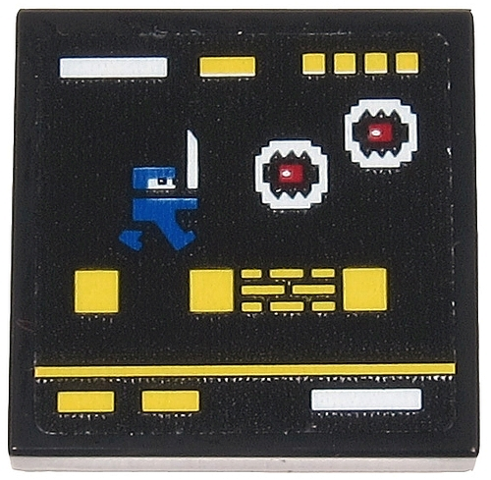 Tile 2 x 2 with Video Game Display with Blue Ninja, White Monsters with Red Eyes and Yellow Squares and Rectangles Pattern (Sticker) - Set 71712