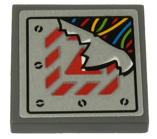 Tile 2 x 2 with Multicolored Wires and Broken Metal Plate with Exclamation Mark and Red Danger Stripes Pattern (Sticker) - Set 70432