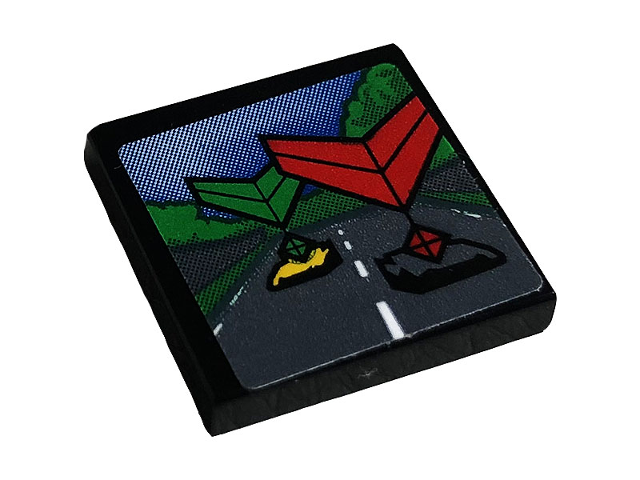 Tile 2 x 2 with Screen with Road, Cars, Trees, Sky, and Green and Red Chevrons Pattern (Sticker) - Set 42096