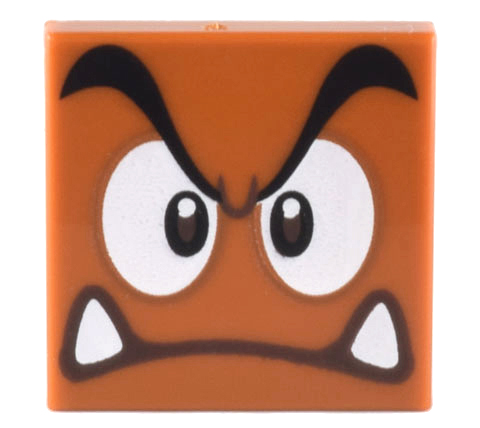 Tile 2 x 2 with Black Eyebrows, Dark Brown and White Eyes Looking Straight, Angry Frown with Bottom Fangs Pattern (Super Mario Goomba Face)