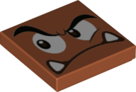 Tile 2 x 2 with Black Eyebrows, Dark Brown and White Eyes Looking Right, Angry Frown with Bottom Fangs Pattern (Super Mario Goomba Face)