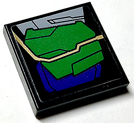 Tile 2 x 2 with Dark Purple and Green Armor Plates and Gold Circuitry Pattern Model Right Side (Sticker) - Set 76097