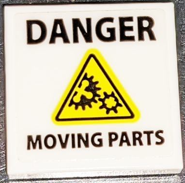 Tile 2 x 2 with Black 'DANGER', 'MOVING PARTS', and Yellow Warning Triangle with Gears Pattern (Sticker) - Set 70631