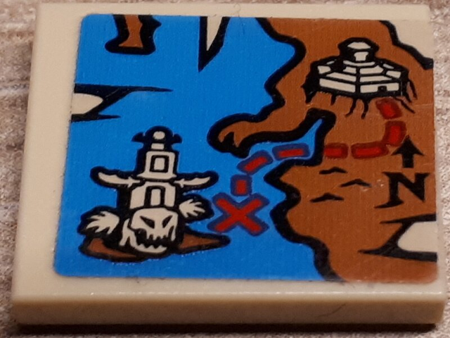 Tile 2 x 2 with Map, Blue Water, Dark Orange Land, Black N and Arrow, Red X and Path Pattern (Sticker) - Set 70591