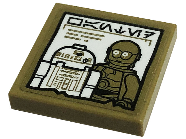Tile 2 x 2 with White Poster with R2-D2, C-3PO, and Aurebesh Characters 'WANTED' Pattern (Sticker) - Set 75290