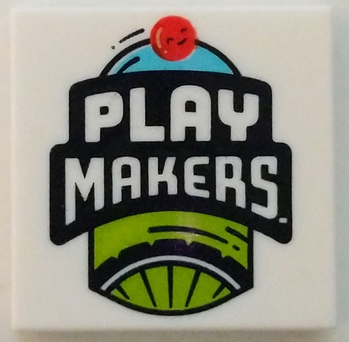 Tile 2 x 2 with Bicycle Wheel, Red Ball and 'PLAY MAKERS' Logo Pattern