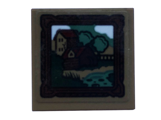Tile 2 x 2 with Picture, Wood Frame, Trees, Houses and Stream Pattern (Sticker) - Set 40410
