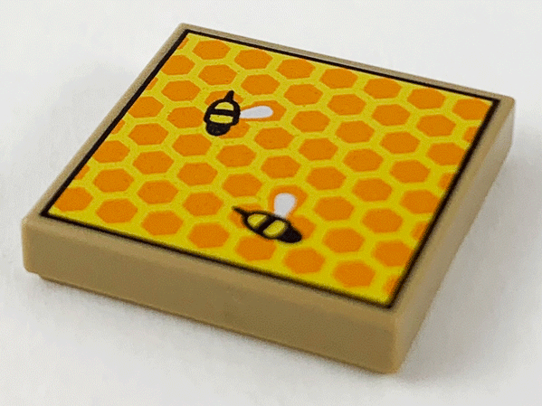 Tile 2 x 2 with Beehive Frame with Orange and Yellow Honeycomb, Small Bees with White Wing Pattern