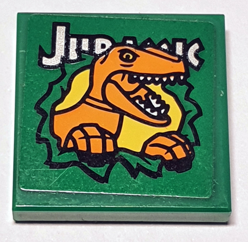Tile 2 x 2 with 'Jurassic' and Velociraptor Breaking Through Wall on Green Background Pattern (Sticker) - Set 75934