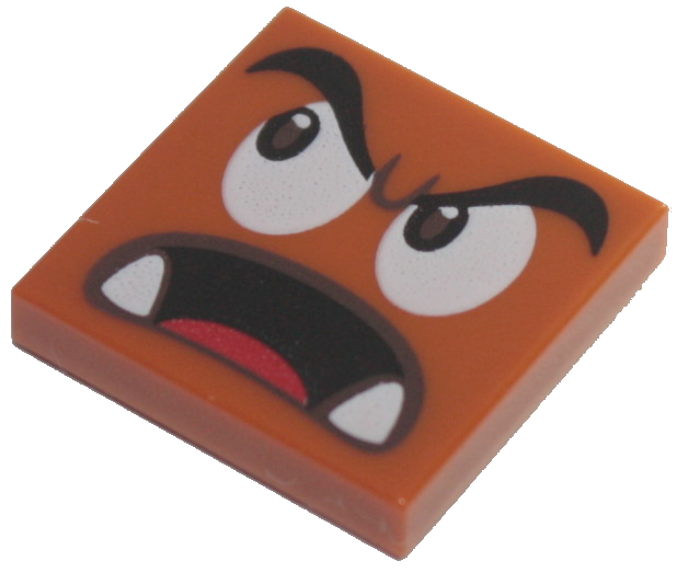 Tile 2 x 2 with Black Eyebrows, Dark Brown and White Eyes Looking Right, Surprised Open Mouth with Bottom Fangs and Red Tongue Pattern (Super Mario Parachute Goomba Face)