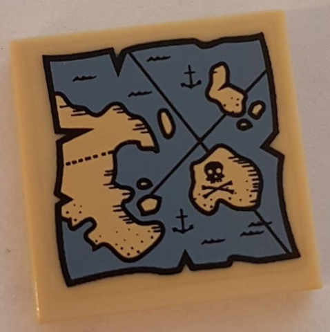 Tile 2 x 2 with Map with Blue Water, Tan Land, Anchor and Skull with Crossed Bones Pattern (Sticker) - Set 70810