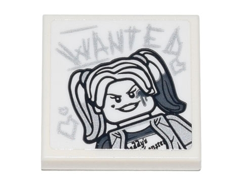 Tile 2 x 2 with Harley Quinn and 'WANTED' and Hearts in Scratchy Writing Pattern (Sticker) - Set 70840