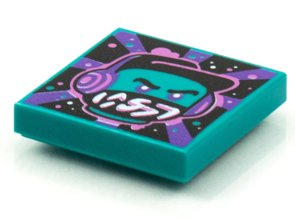 Tile 2 x 2 with BeatBit Album Cover - Dark Turquoise Minifigure, Black Hat and Dark Purple Headphones Pattern