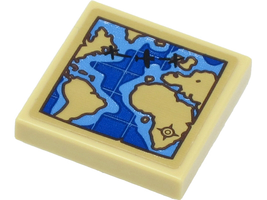 Tile 2 x 2 with World Map with Tan Land, Blue Water and Black Airplane Pattern (Sticker) - Set 40450
