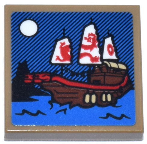 Tile 2 x 2 with Reddish Brown Ninjago Destiny's Bounty Sailing Ship with Red Dragon Sails, Blue Water, and White Moon Pattern (Sticker) - Set 70657
