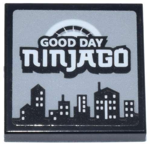 Tile 2 x 2 with White 'GOOD DAY NINJAGO' and City Skyline on Light Bluish Gray Background Pattern (Sticker) - Set 70657