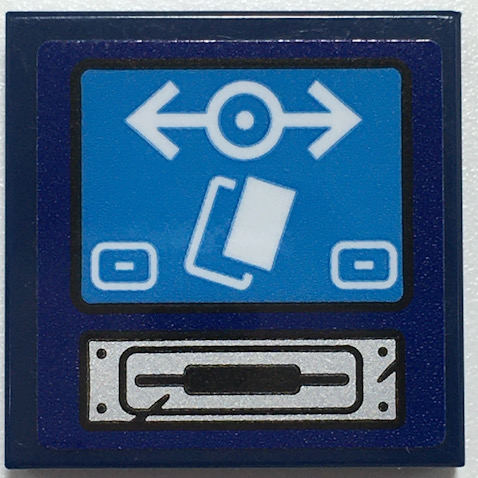 Tile 2 x 2 with Silver Ticket Slot, Dark Azure Screen with White Train Logo and Buttons Pattern (Sticker) - Set 70424