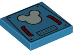 Tile 2 x 2 with Bright Light Blue Mickey Mouse Logo on Hatch with Red Handles Pattern