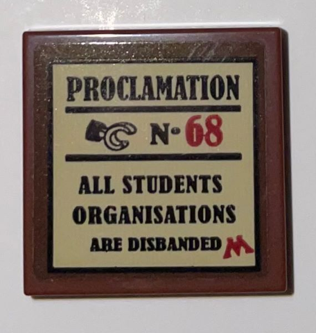 Tile 2 x 2 with Black and Red 'PROCLAMATION No. 68', Minifigure Hand, Text, and Letter M on Tan Background Pattern (Sticker) - Set 75966