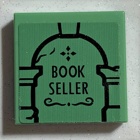 Tile 2 x 2 with Black Archway and 'BOOK SELLER' Pattern (Sticker) - Set 75978