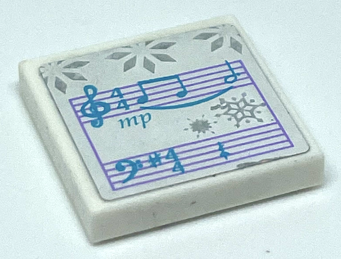 Tile 2 x 2 with Silver Snowflakes and Medium Azure Music Notes Pattern (Sticker) - Sets 41148 / 43172