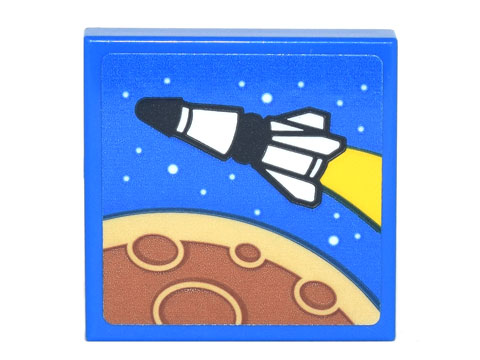 Tile 2 x 2 with Black and White Spaceship, White Stars, Tan and Medium Nougat Planet with Craters Pattern (Sticker) - Set 10293