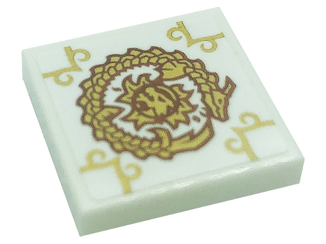 Tile 2 x 2 with Gold Dragon and Scrollwork Pattern (Sticker) - Set 71755