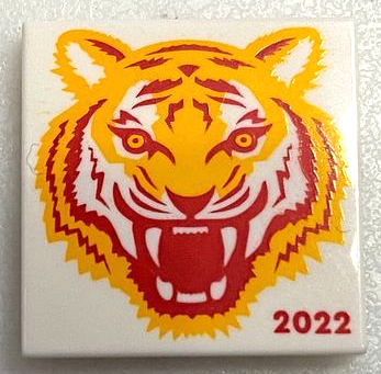 Tile 2 x 2 with Bright Light Orange and Red Tiger Head and '2022' Pattern (BAM)