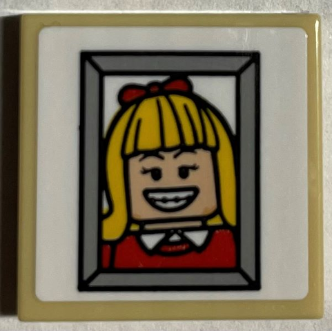 Tile 2 x 2 with Framed Minifigure Photo with Yellow Hair, Red Jumper and Grin with Braces Pattern (Sticker) - Set 21330