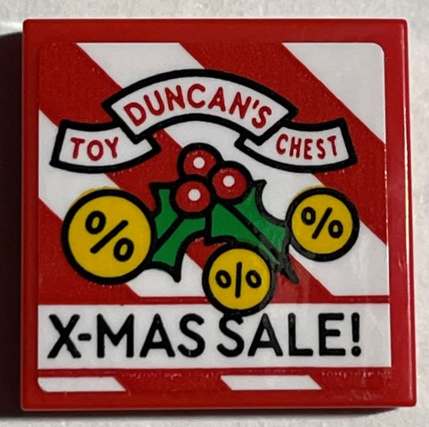 Tile 2 x 2 with 'DUNCAN'S TOY CHEST', Holly Leaves, Berries and 'X-MAS SALE!' Pattern (Sticker) - Set 21330