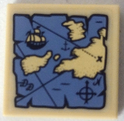 Tile 2 x 2 with Map with Blue Water, Tan Land, Ship and Compass Rose Pattern (Sticker) - Set 70810