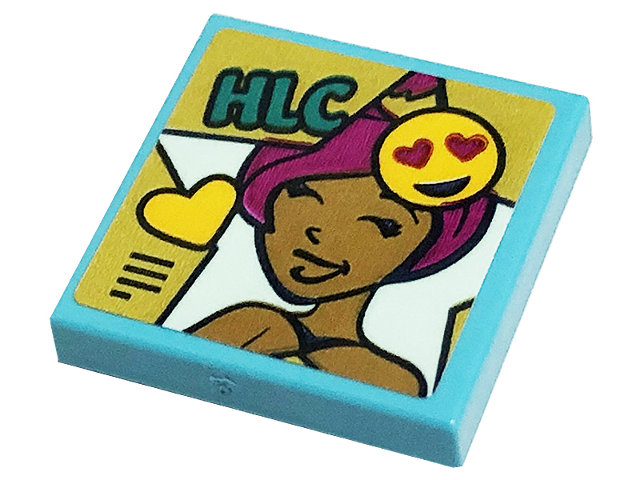 Tile 2 x 2 with 'HLC', Bright Light Orange Heart, Smiling Emoticon and Friends Minifigure with Magenta Hair Pattern (Sticker) - Set 41449